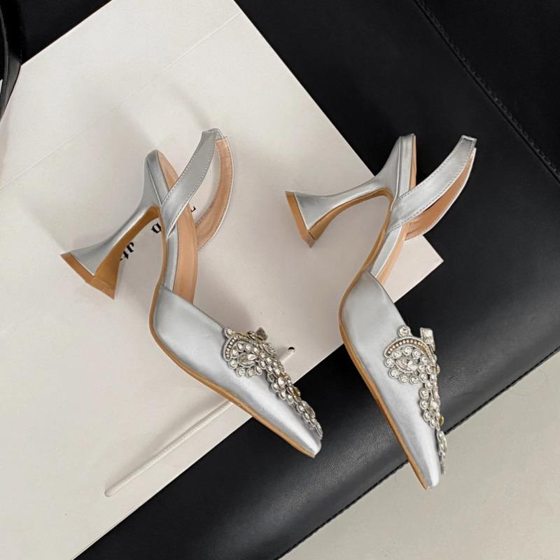 Spring And Summer Women's High Heel Wedding Shoes Pointed Rhinestone Wine Glass Heel Sandals With Empty Back Shoes