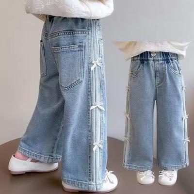 Baby Mädchen Jeans mit Schleife Kinder Frühling Herbst Locker Lange Hosen Kinder Gerade Weites Bein Hosen Kleinkind Freizeitkleidung