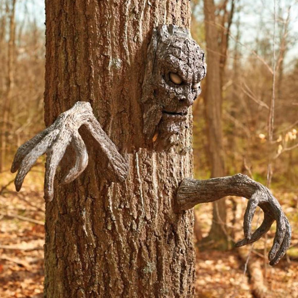 3Pcs/Set Horrified Ghost Facial Design Scary Bark Miniatures Tree Hugger Statues Halloween Decorations Bark Sculpture