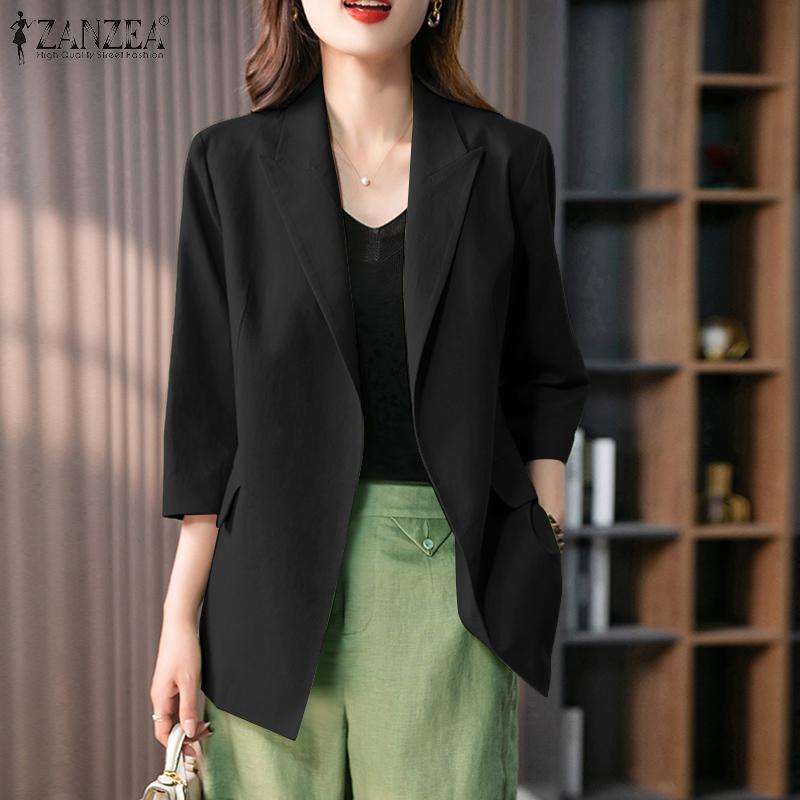 ZANZEA Women Casual Lapel Collar Loose 3/4 Sleeve Solid Cardigan Blouse