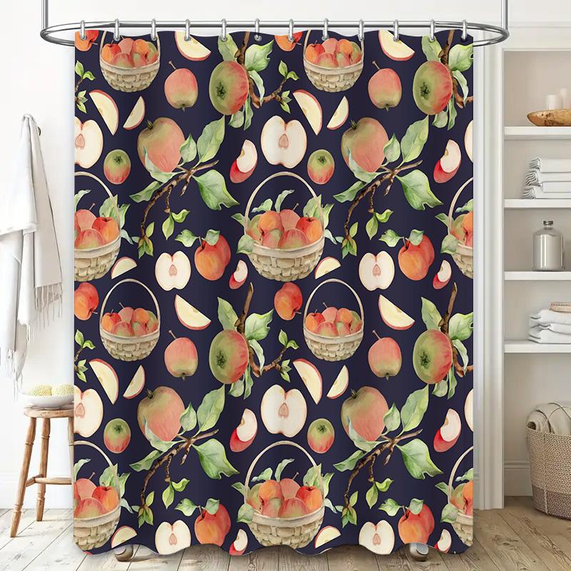 Fruit-Themed Shower Curtain Vintage Apples Design Waterproof Bathroom Decor Set Navy Blue Fabric With Fruit Illustrations 3D Pri