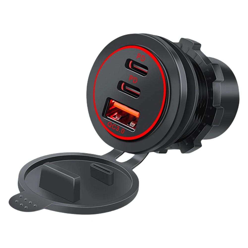 

75W 12V 24V Car Charger Socket with 3 Ports PD Type C QC 3.0 Fast Charge Waterproof USB Outlet for Vehicles and Boats красный