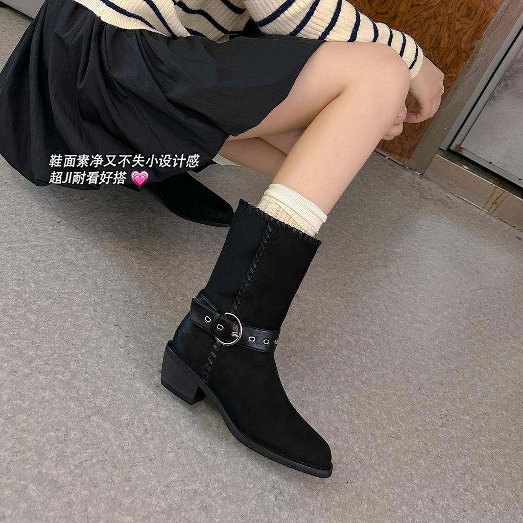Cowhide~ Two Wear Western Boots New Pointed Belt Buckle Thick Heel Sleeve Short Boots Medium Boots European and American Women's Boots