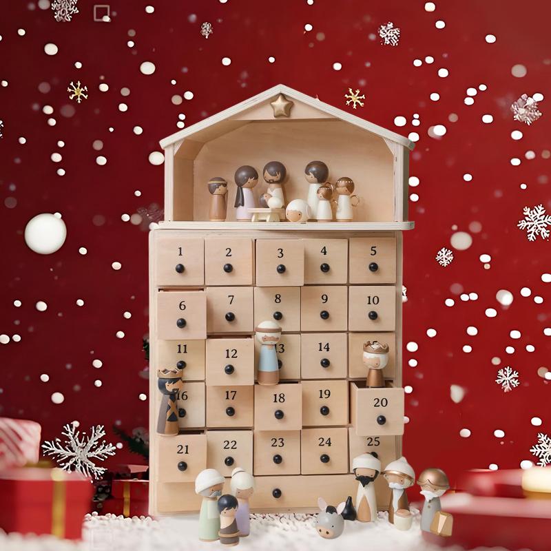 Der Retter Krippen-Adventskalender - Hölzerne Truhe mit 25 Schubladen Papier-Schubladen & 30 Stück Harz-Erinnerungsfigur für Kinder Familien-Geschenk
