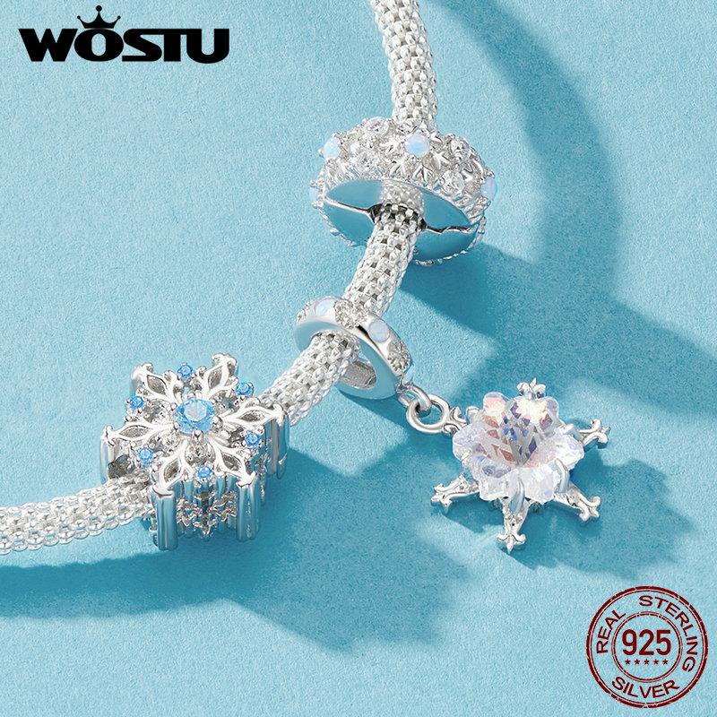 WOSTU 925 Sterling Silver Snowflake Charm Beads Ice Flower Pendant Fit Original Bracelet DIY Necklace Jewelry Making Gift