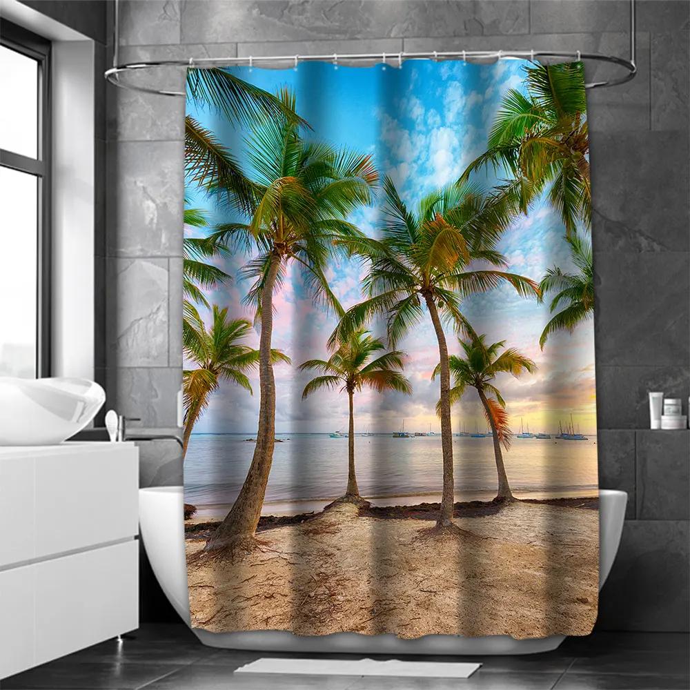

Summer Beach Coconut Trees Bathroom Landscape Shower Curtain Waterproof With 12 Hooks Home Deco Free Ship W90xH180cm
