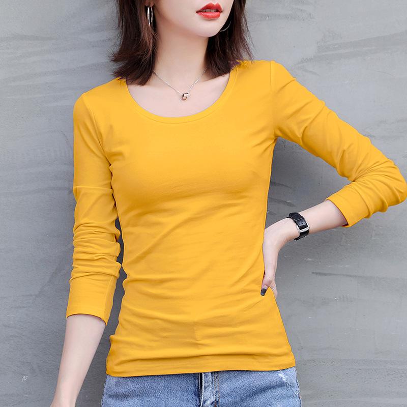 Women's Long Sleeve Round Neck Pullover T-Shirt Solid Color Stretch Basic Tops