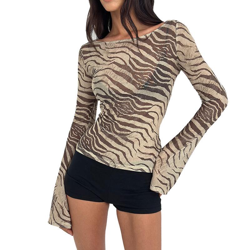Summer and Autumn New Sexy Spice Girls Style Animal Pattern Printed Off-Shoulder Long Sleeve Waist T-Shirt