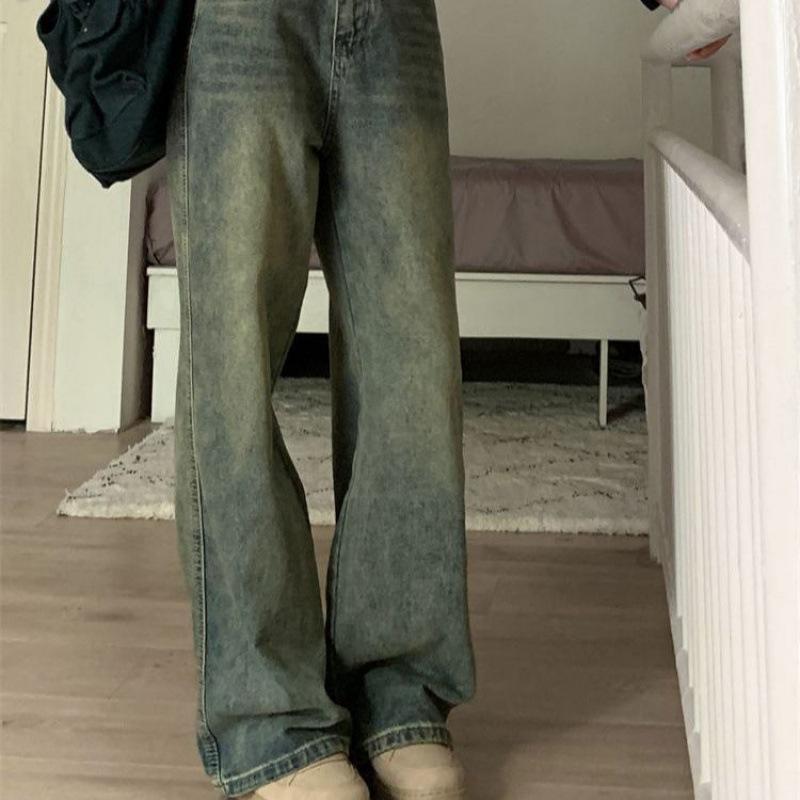 Women's Vintage Washed Wide‑Leg Jeans High Waist Loose Straight‑Leg Floor‑Length Denim Pants Casual Trousers