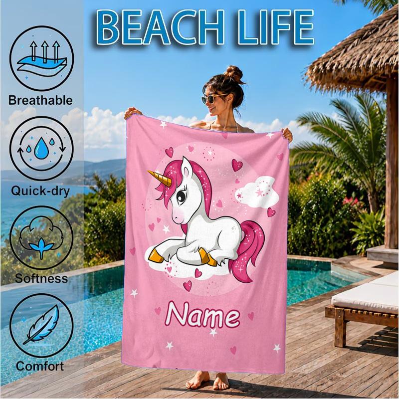 Custom Name Unicorn Dreams Art Beach Towel Microfiber Beach Towel, Lightweight and Quick-Dry, for Summer Travel, Swimming Pool Gift