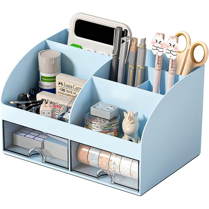 6Compartment Desktop Organizer 2Drawers Plastic Cosmetic Pencil Storage Holder School Office Daily Stationery Supplies Storage