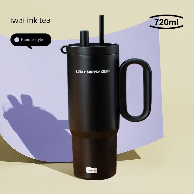 Ceramic Inner Liner Ice Cup for Women, High-Capacity Thermos Cup, Car-Mounted Portable Coffee Cup, Straw Water Bottle Cup Iwai Mocha (720ml + Stainless Steel Liner)