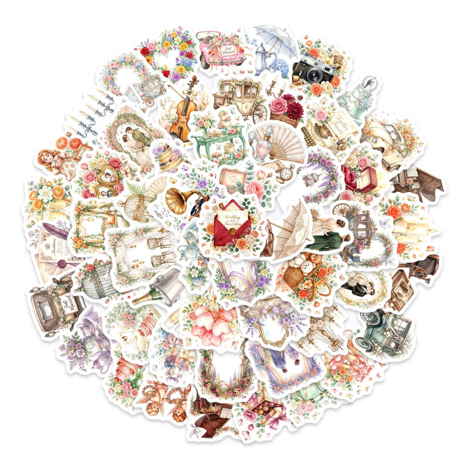 50 Retro Watercolor Wedding Theme Hand Account Stickers Waterproof Decorative Stickers Creative Materials Graffiti Stickers