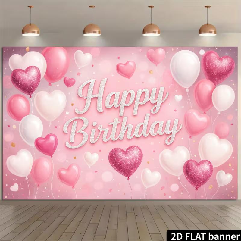 2D Cute Pink Heart Glitter Happy Birthday Backdrop Banner Party Decoration