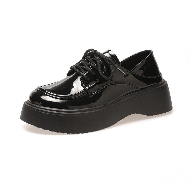 Black Steppable Heel Small Leather Shoes Women's 2025 Autumn New Retro Black Versatile Lace-Up Student Platform Loafers