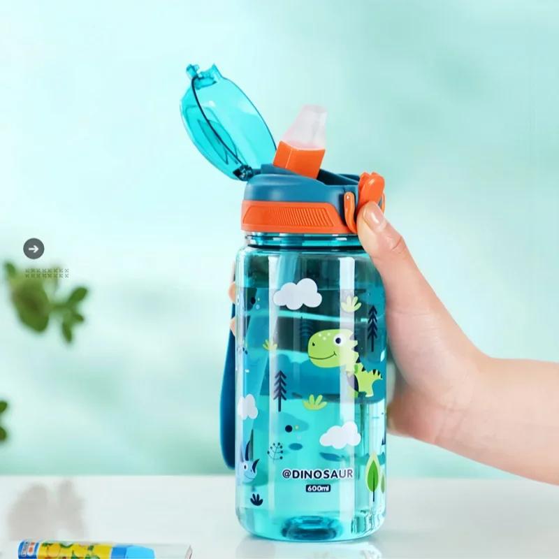600ML Kids Water Bottle with Straw, Leak-Proof Reusable BPA Free Tritan Water Bottle with Handle for Boys, Girls, Nursery School