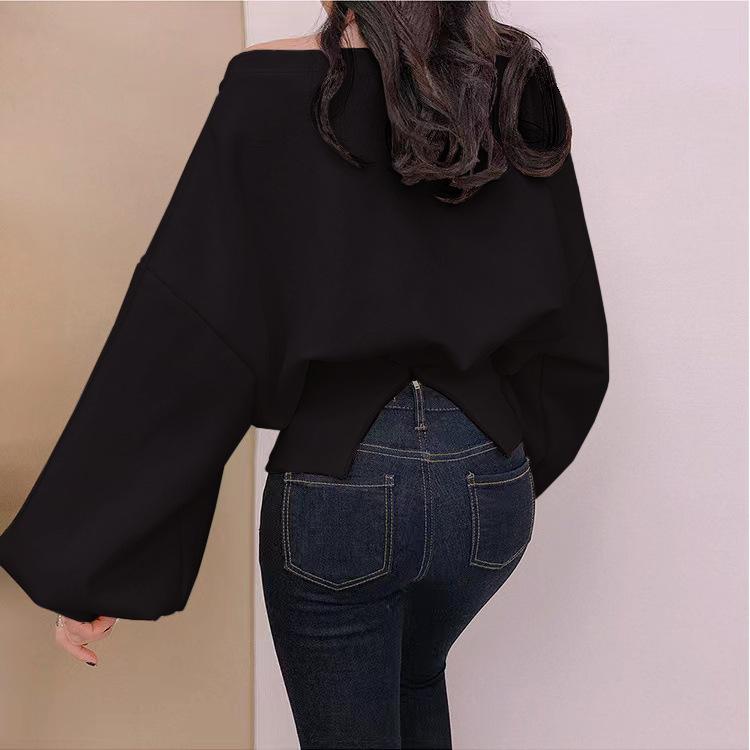 Spring Bat Sleeves Slanted One-length Neck Long Sleeve T-shirt for Women Solid Color Casual Top Design Sense Slit Bottom Shirt for Women