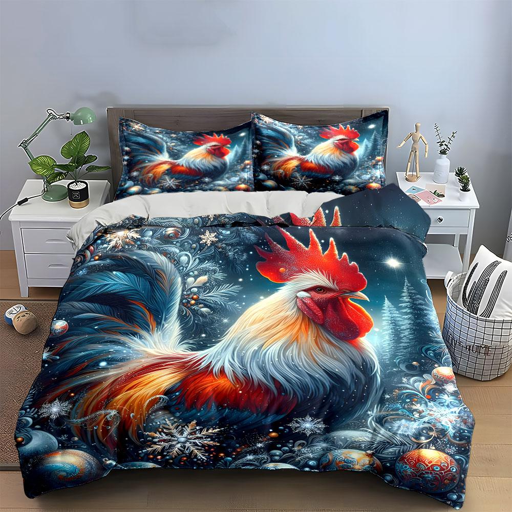 3Pcs Christmas Rooster Bedding Set, Festive Rooster with Snowflakes and Ornaments Print Duvet Cover + 2 Pillowcases,Decor gift