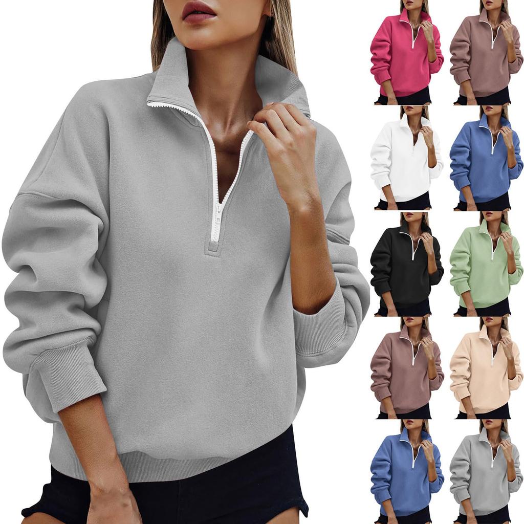 Women's Long Sleeve Pullover Sweatshirt with Stand Collar and Pockets