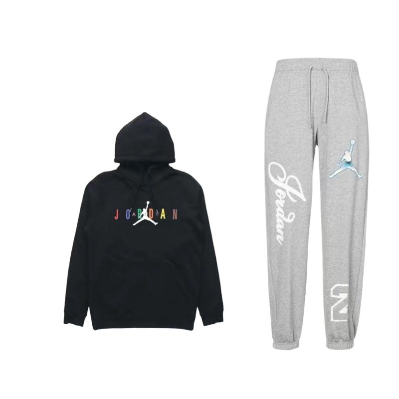 

Jordan Appliqué Pattern Fleece Knit Pullover Hoodie And Drawstring Pants Set Men sets DZ3385-063+CT6293-010 S