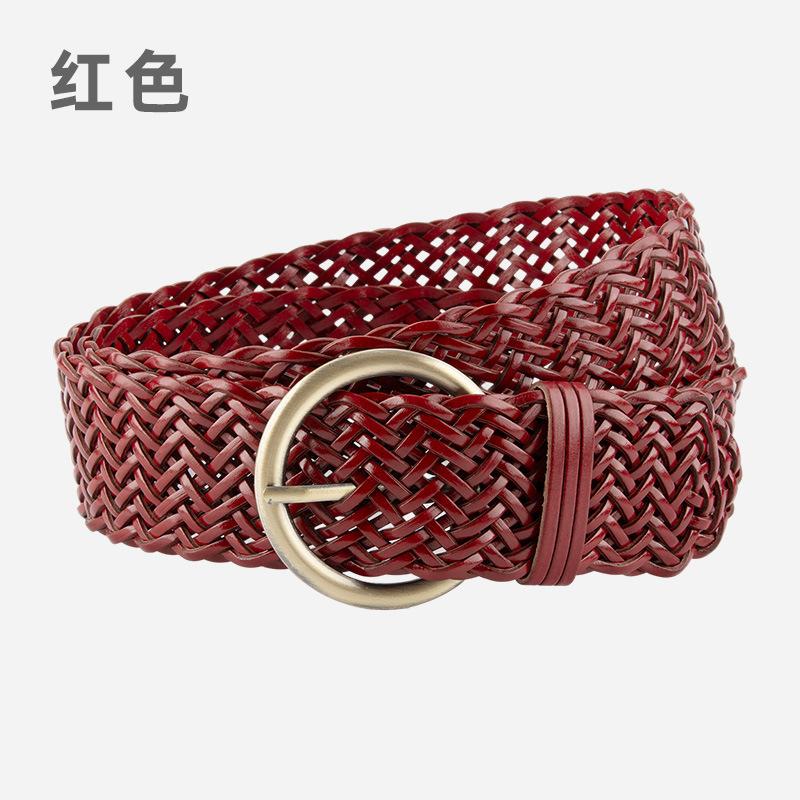 

Women s belt leather woven belt, retro women s round buckle decorative non-punching pin buckle belt 110 червоний