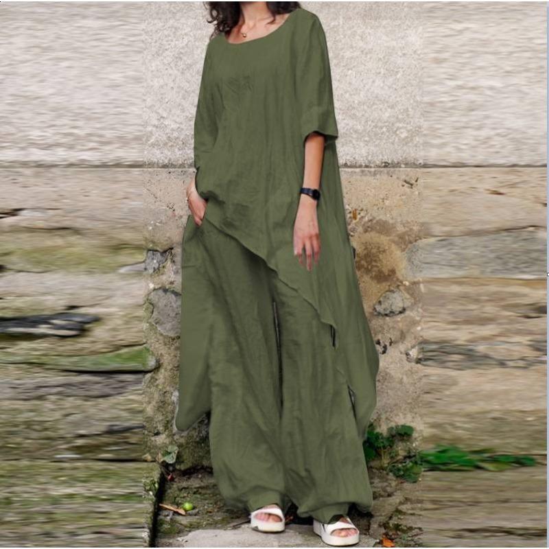 Conjunto de dos piezas de lino de color liso, manga media irregular, para mujer, traje de pantalón ancho informal de gran tamaño