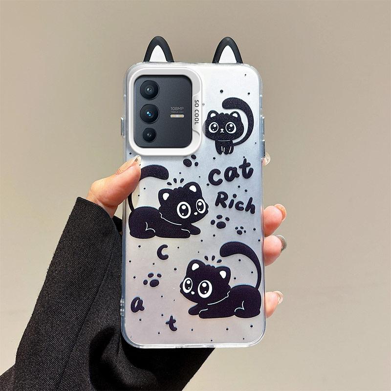 KEYSION Cute Ear Cartoon Case for VIVO V23 5G with Lanyard Soft Silicone+PC Shockproof Phone Back Cover for VIVO V23 5G