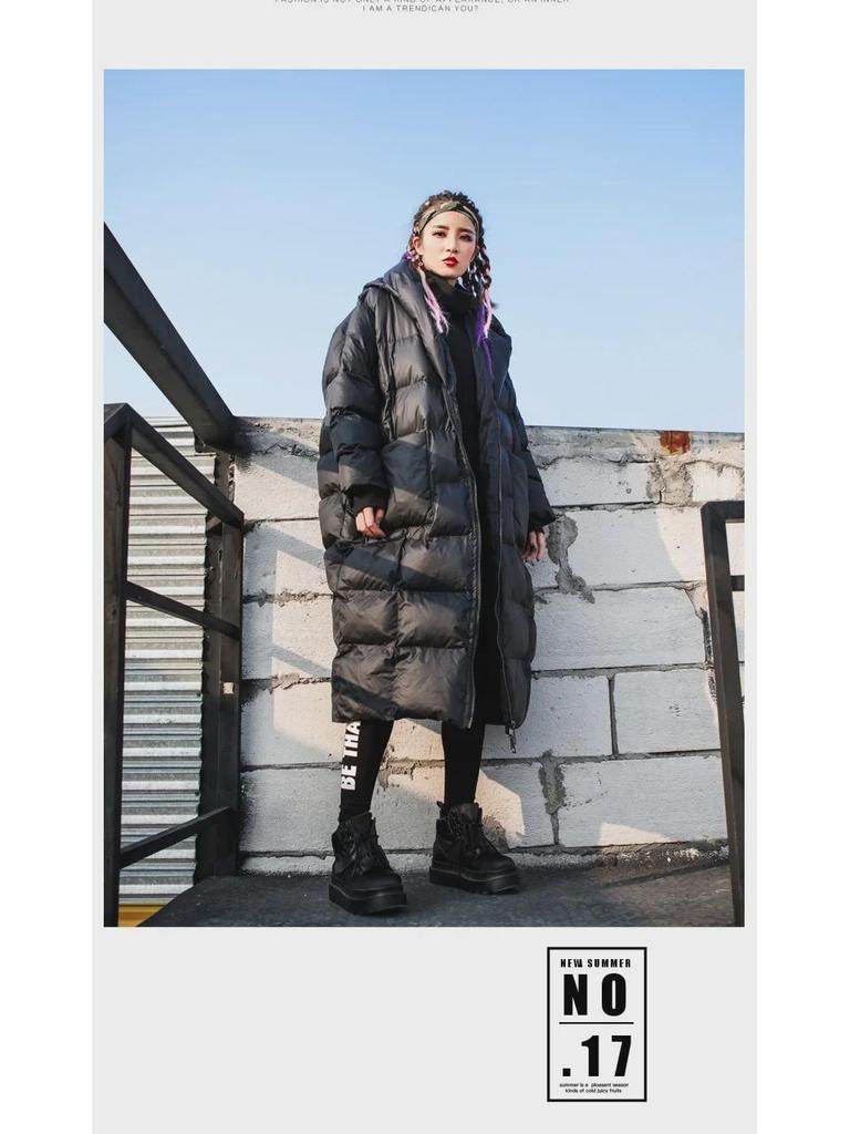 Dámská nadměrná zimní bavlněná bunda s kapucí - Dlouhý, tlustý kabát