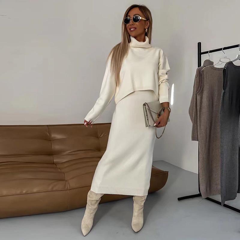 2024 Women's Solid Color Semi-High Neck Knitted Slim-Fit Long Dress Set