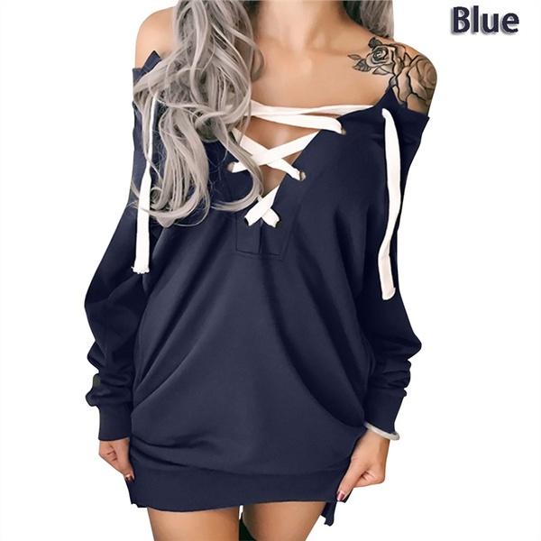 Women Sexy Lace Up Bandage Deep Off Shoulder Hoodies With Long Loose Pullover Sleeves