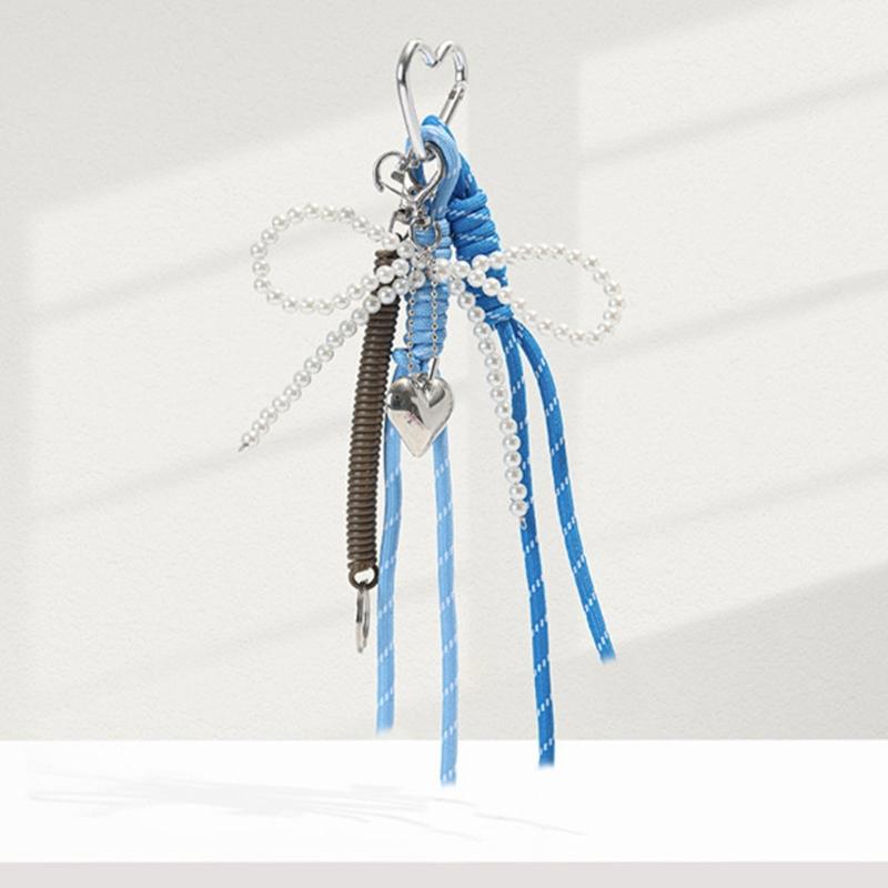 Pearls Bowknot Keychain with Woven Lanyard Colorful Keyring Accessory Fashionable Bag Charm for Women and Girls