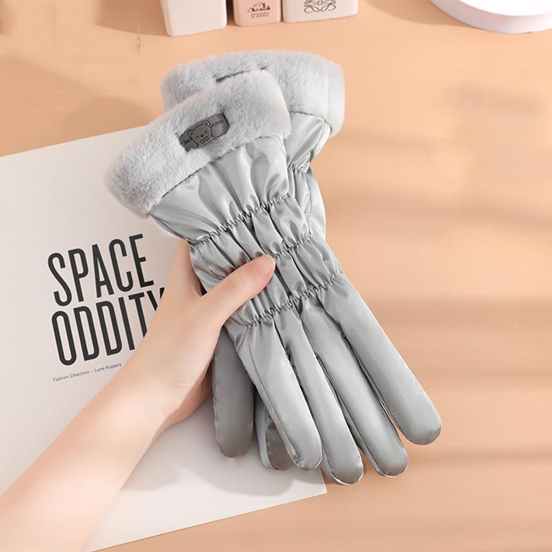 Women Winter Cycling Gloves Thick Plush Windpoof Solid Color Touch Screen Waterproof Warm Anti-slip Cute Embroidery Lady Outdoor Gloves