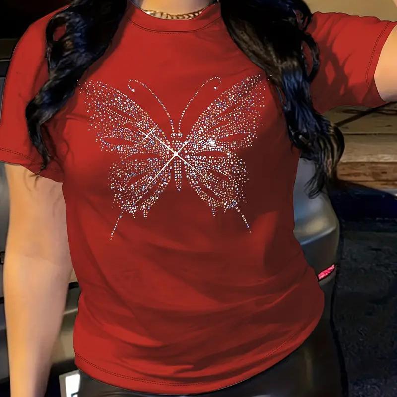 Women Summer T Shirt  Print Butterfly Diamond Short Sleeve Tees Casual   Printed  Tops