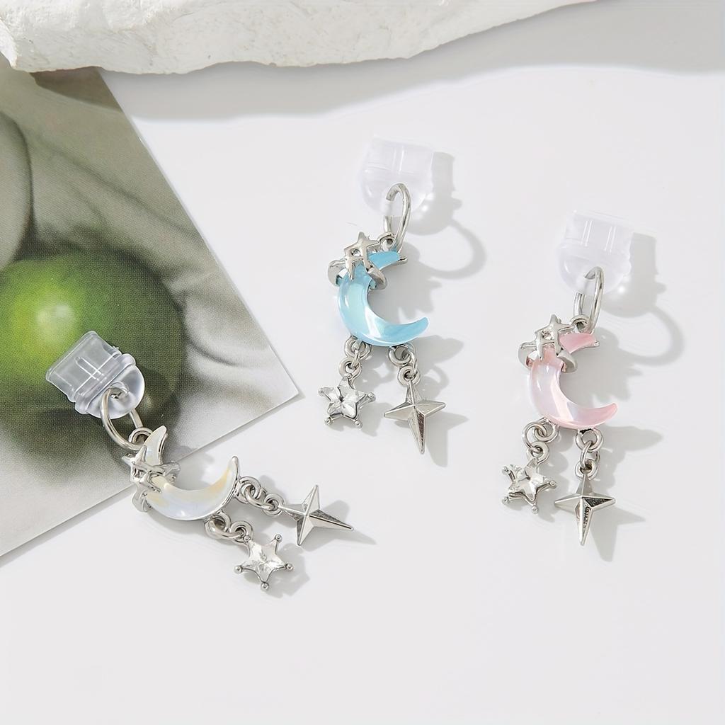 1pc Dreamy Pearl Moon Star Alloy Dust Plug Pendant, Simple Alloy Inlaid Color Moon Dust Plug Pendant, Cute Cartoon Mobile Phone Pendant