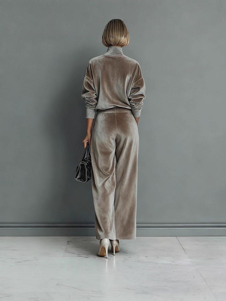 Women's 2025 Autumn/Winter Golden Velvet Two-Piece Set: Long Sleeve Top & Wide Leg Pants