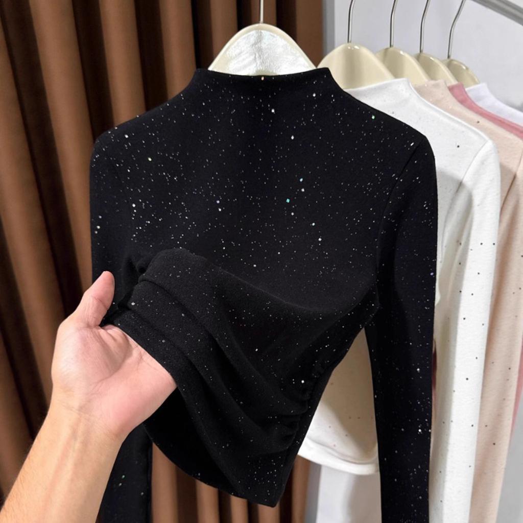 Autumn and winter semi-turtleneck German velvet warm bottoming shirt women's new sequined pleated soft waxy foreign style inner shirt