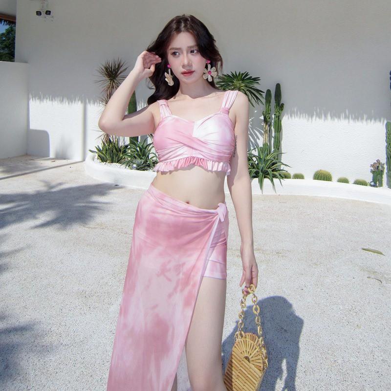 Three-piece Resort Bikini Suit Tie-dyed Print Beach Sunblock Skirt Swimsuit Set
