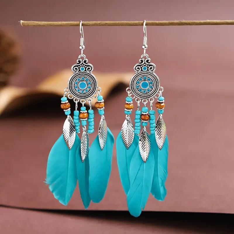 Bohemian Ethnic Feather Drop Earrings For Women Elegant Wood Beads Leaf Long Tassels Dangle Earring Girls Fashion Party Jewelry