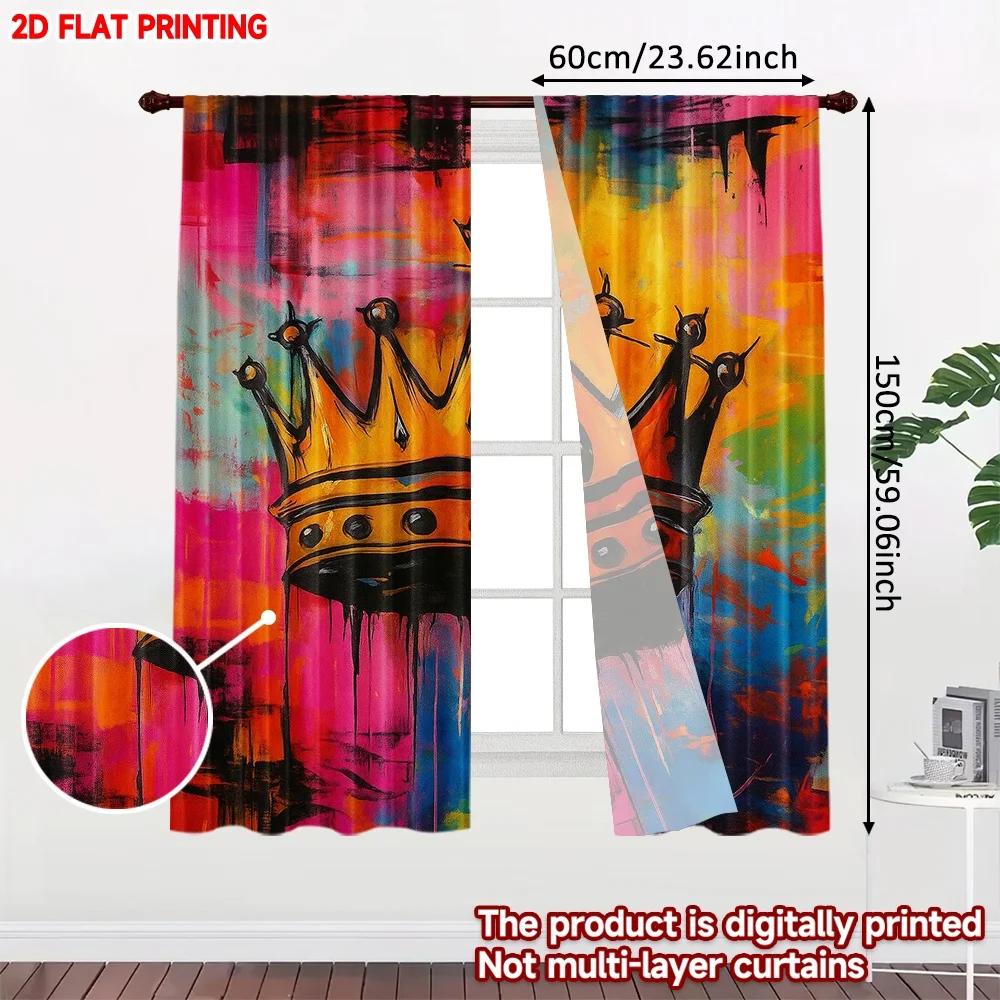 Set Of 2 Crown Pattern Curtains Digital Printing Gold Color Splatter Background Pink Yellow Blue Living Room Curtain For Great Made Polyester