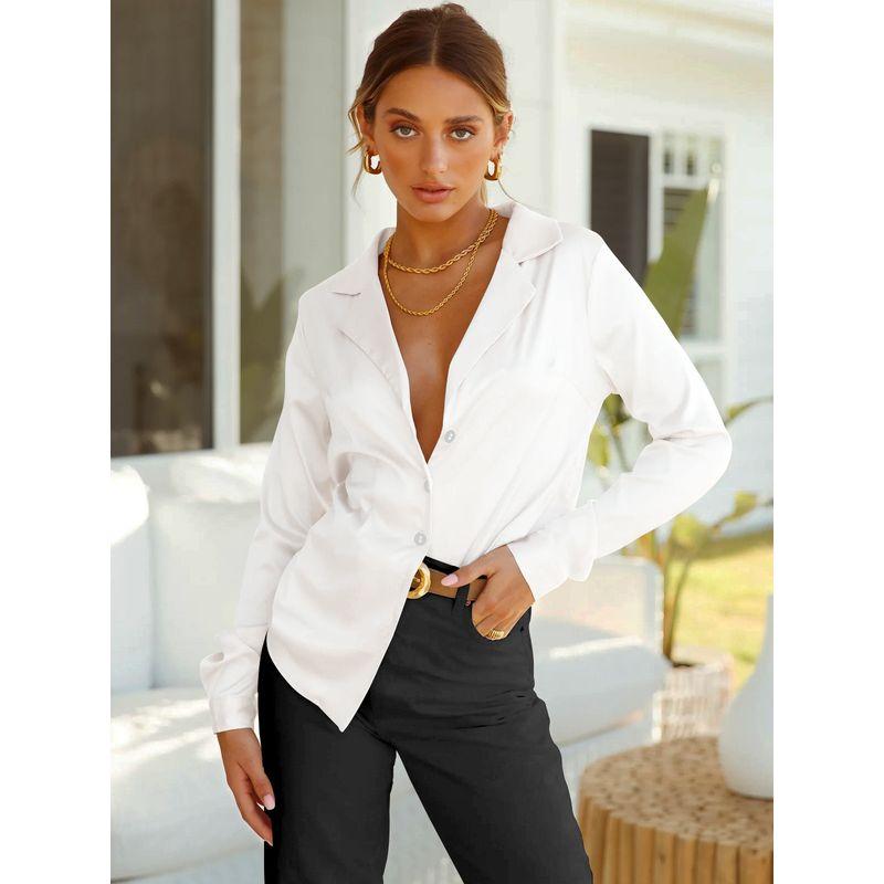 

Wish Autumn and Winter New Arrival Blouses Loose Cardigan Long Sleeves Tops Temperament Commute Pure Color Polo Fashion White XL