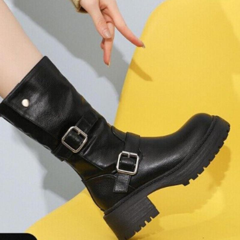 

New Mid-calf Boots Women Back Zipper Thick Sole Autumn Shoes Fashion Buckle 5CM Block Heel Outdoors Casual PU Leather Boots 40