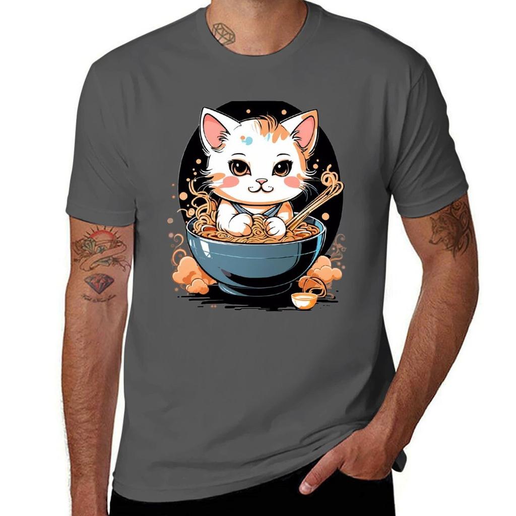 A Kawaii Cat Eating Raunisex Tshirt Work Wear Simple Tee Shirt Tshirt