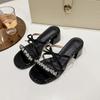 2025 summer new thick heel one-word cool slippers fairy style with skirt sandals wear rhinestone round head cool slippers