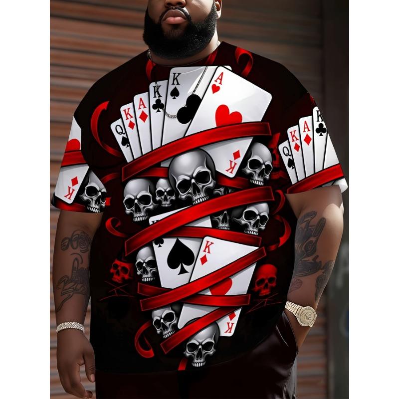 Men s black short sleeve T-shirt with playing cards and skull graphic, perfect for street style and party situations, plus size S