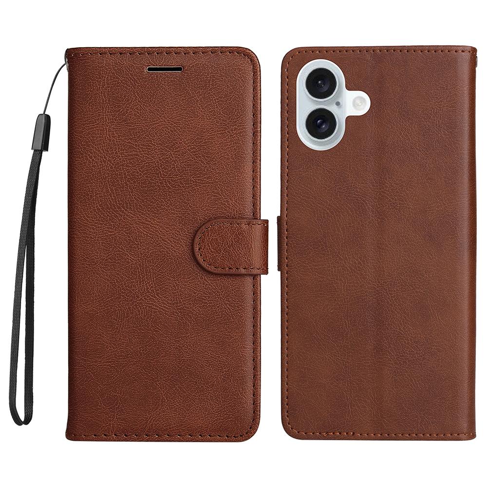 

For iPhone 16 Plus Case Solid Color Leather Mobile Cover Wallet Stand with Strap Brown