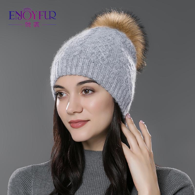 

ENJOYFUR Winter Fur Pompom Hats For Women Cashmere Wool Knit Beanie Hat Soft Warm Double Layer Skull Beanie Real Fur Bobble Hat