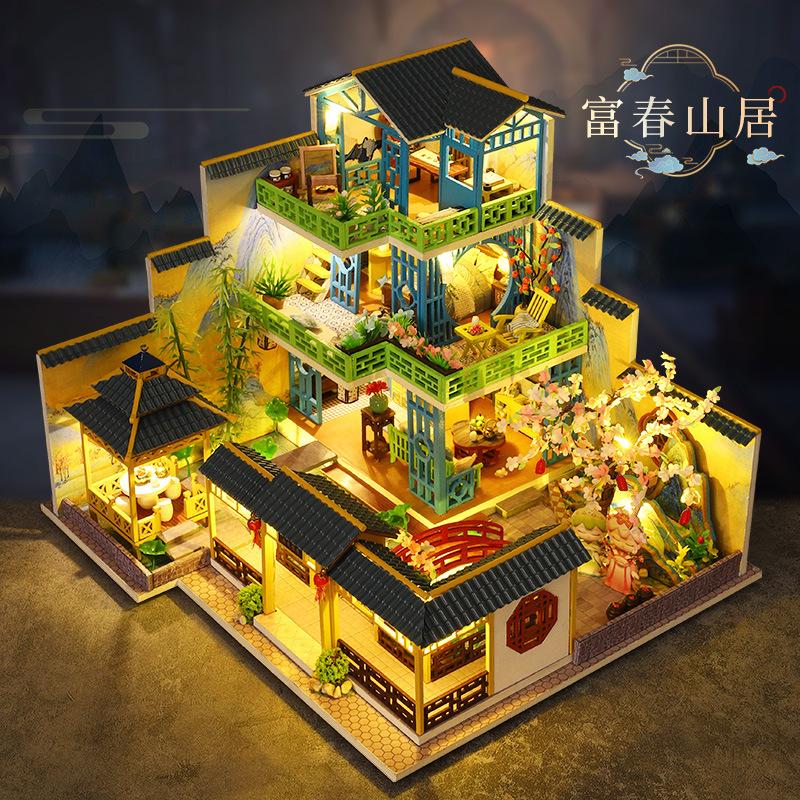 Jiate DIY Puppenhaus Fuchun Bergresidenz Handgefertigtes Holz Chinesischer Stil Großes Villenmodell Kreatives Geschenk für Mädchen