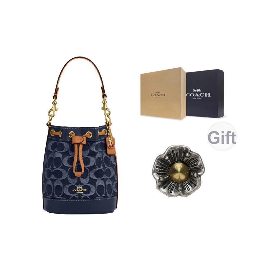 Coach Signature 14 Klassisches Logo Abnehmbarer Schultergurt Stoff und Leder Beuteltasche Mini Damen Taschen Denim-Blau CY740-IMXIA