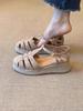 Soft leather version~ retro style woven hollow T-buckle belt casual straw woven thick-soled wedge heel bag head sandals women's outer wear