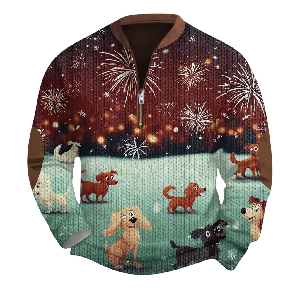 Mens Christmas Sweater Zip Up Sweatshirts Vintage Knit Graphic Sweatshirt Xmas Stand Collar Pullover